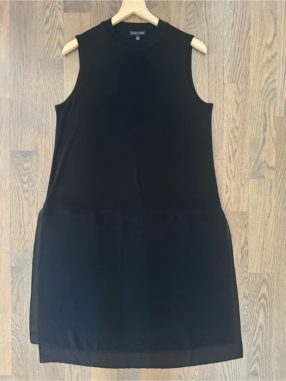 Eileen Fisher Funnel Neck Sheer Panel Silk Sleeveless Tunic in Black Medium